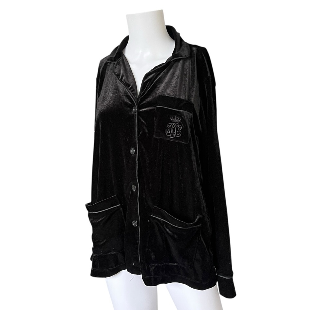 Lauren Ralph Lauren Black Velvet Pajama Top LRL Monogram Womens Size Medium M